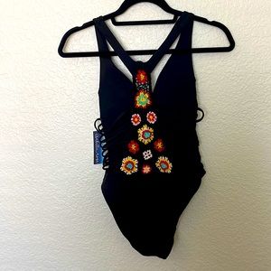 NWT Isabella rose black crochet back one piece swim suit